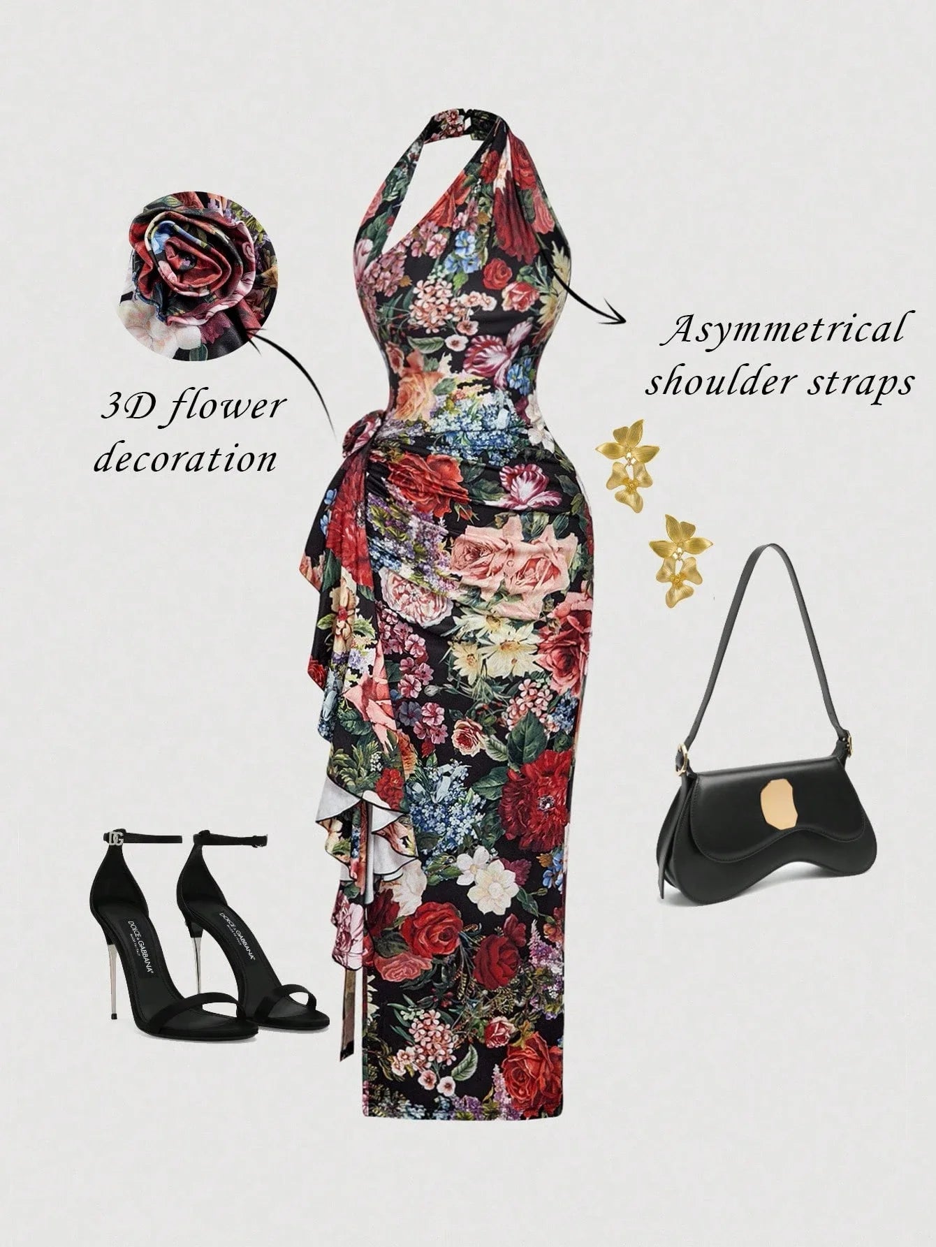 SHEIN MOD 1pc Women's Foldable Halter Neck Floral Decor Bodycon Long Dress,Country Concert
