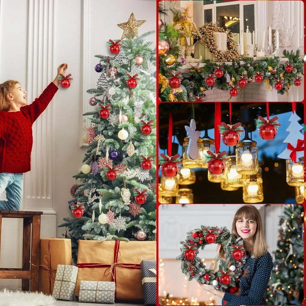 Aoriher 9 Pcs Christmas Bells Ornament 3.1" Rustic Christmas Jingle Bell Sleigh Letter Bells with Pine Cones Plaid Bow for Decor