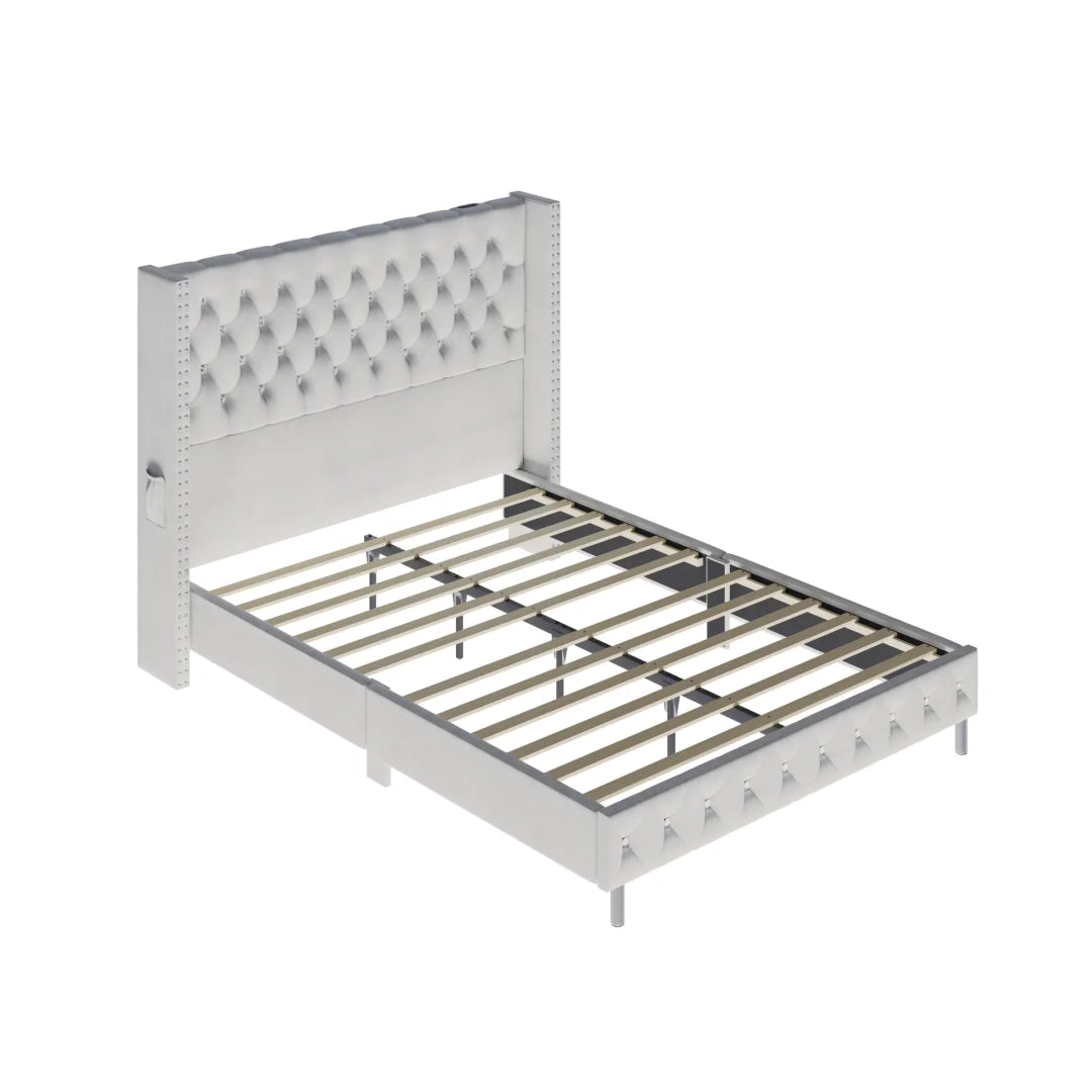 Bed Frame Queen Size with Wingback Headboard & LED Lights & Charging Station Modern Upholstered Platform with Diamond Button Tuf