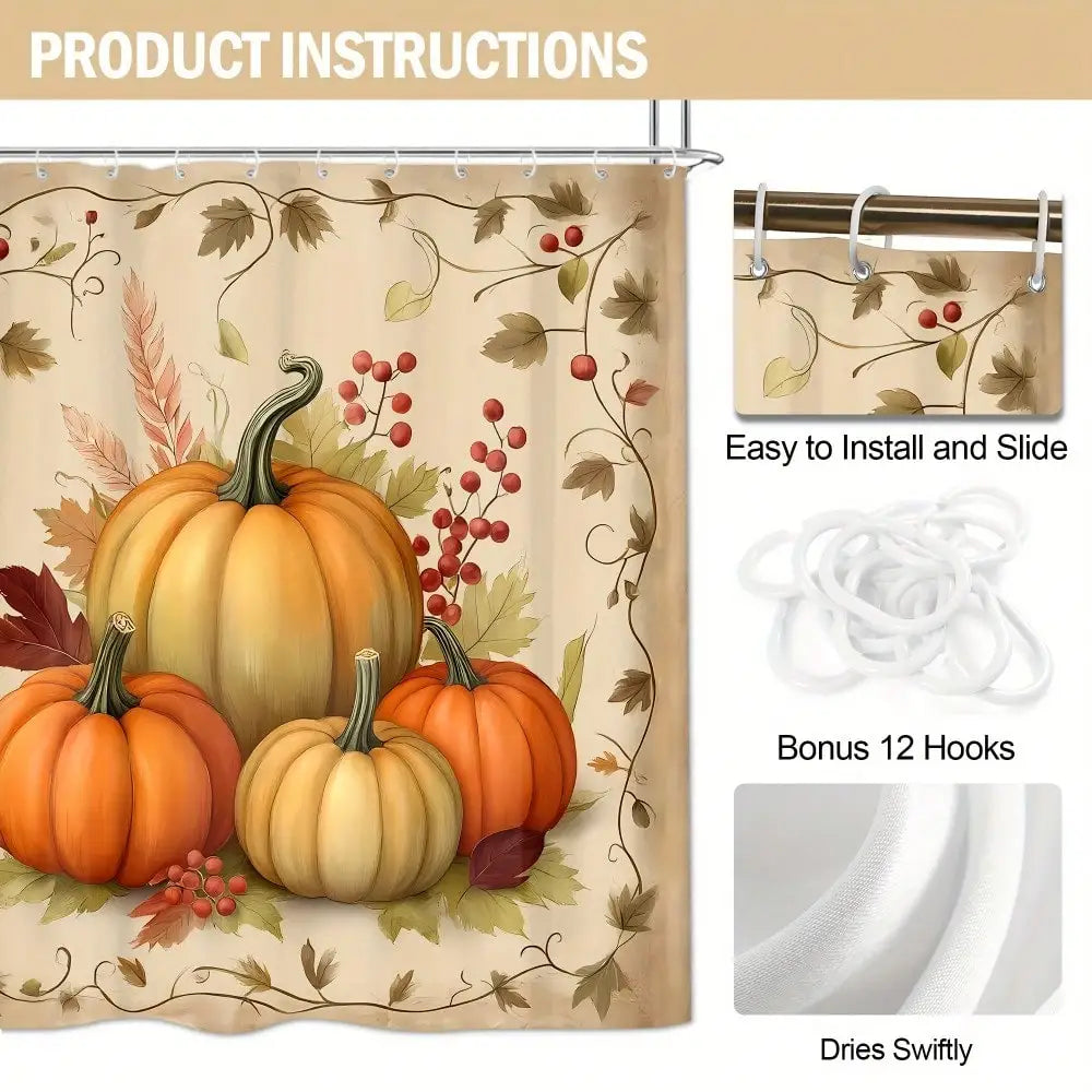 4-Piece Fall Pumpkin Shower Curtain Set – Thanksgiving Bathroom Décor with Bath Mat, Toilet Lid Cover & Rug
