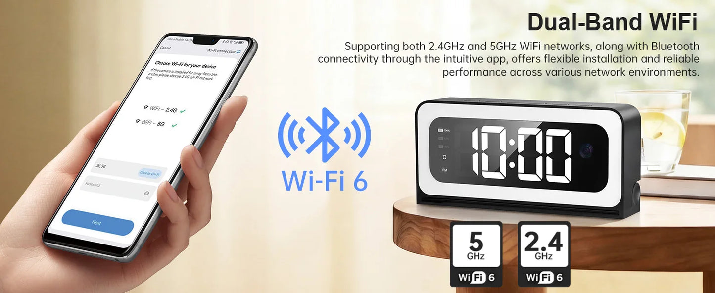 Wesecuu Smart Clock Camera, 2K Indoor Cameras for Home Security, Nanny Camera 5G WiFi Security Cameras Wireless, Two-Way Talk,
