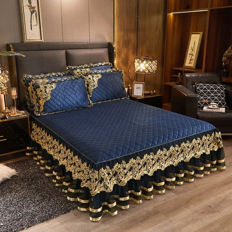 Luxury Gold Embroidered Velvet Quilted Bedspread Set