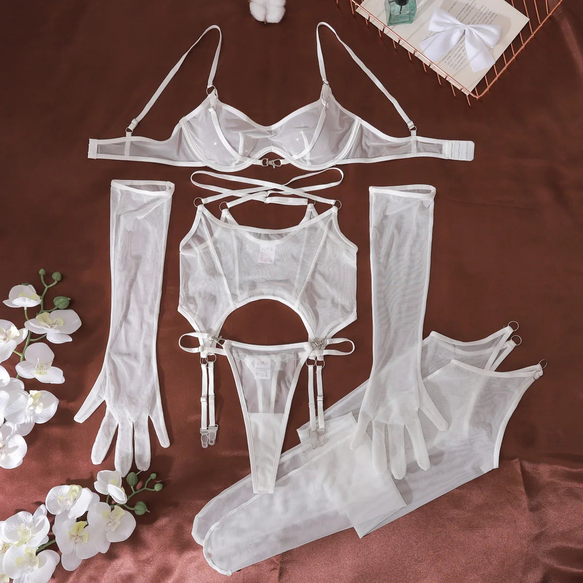 Women's Black Mesh Lingerie Set. Sheer Bra, Thong & Garter Belt with Stockings