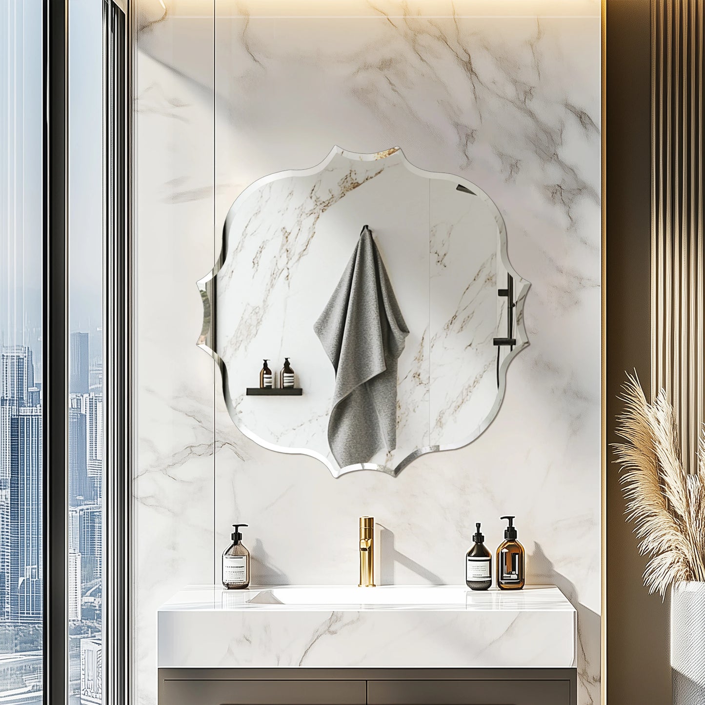 Wisfor Scalloped Edge Beveled Frameless Bathroom Wall Mirror for Living romm, Bedroom, Entrance
