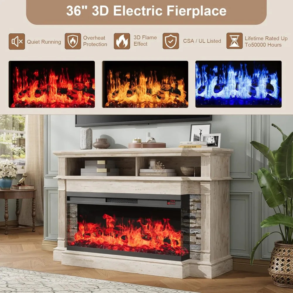 Fireplace TV Stand for TVs up to 65", Farmhouse 52"Fireplace Entertainment Center with 36" 3-Side Glass Electric Fireplace, TV C