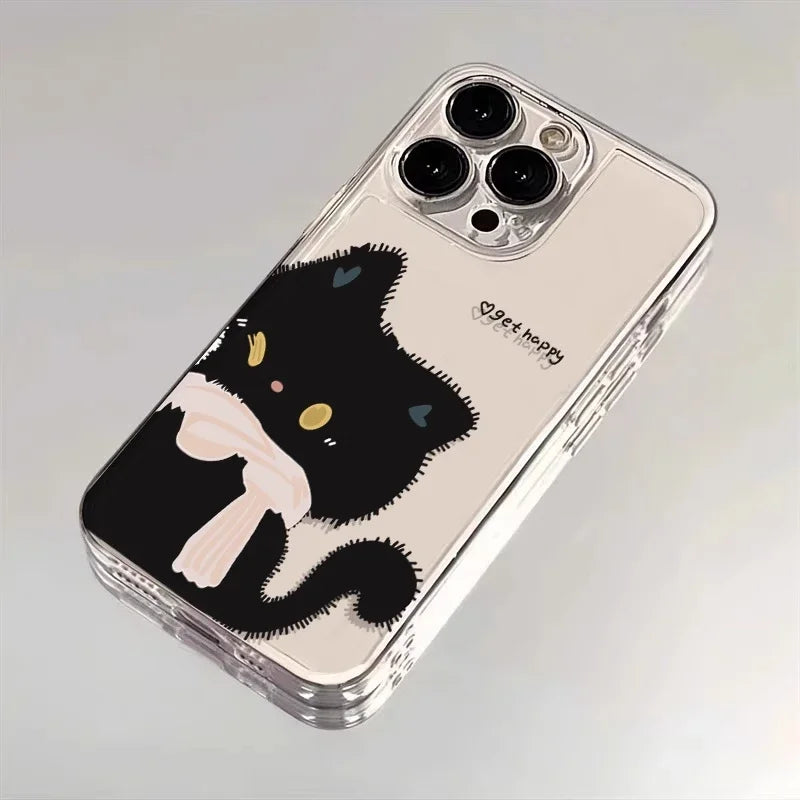 Cute Black & White Cat Couple iPhone Case . Matching Cartoon Cat Design, Aesthetic Protective Cover