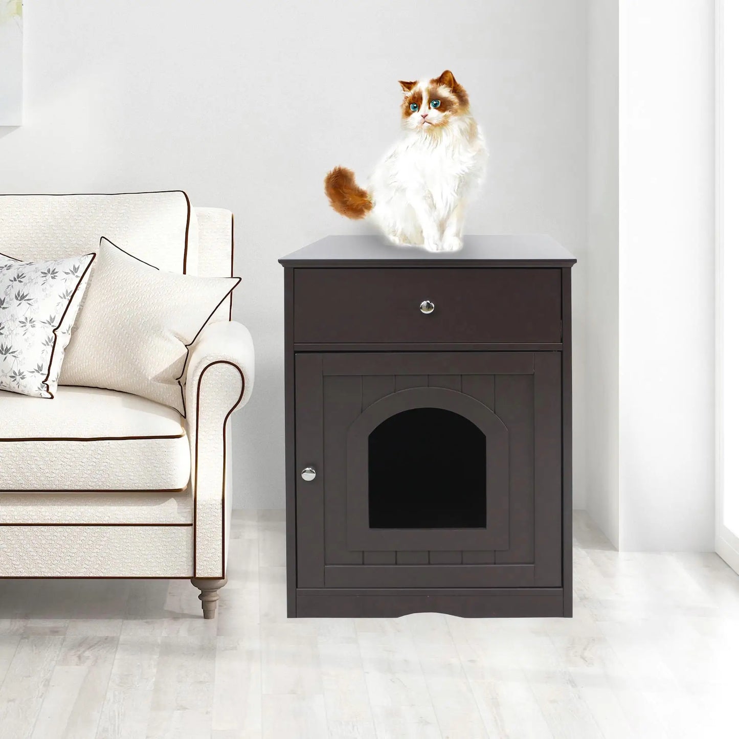 Wooden Cat Litter Box Enclosure with Drawer - Indoor Pet House & Side Table Nightstand (Brown) for Cats