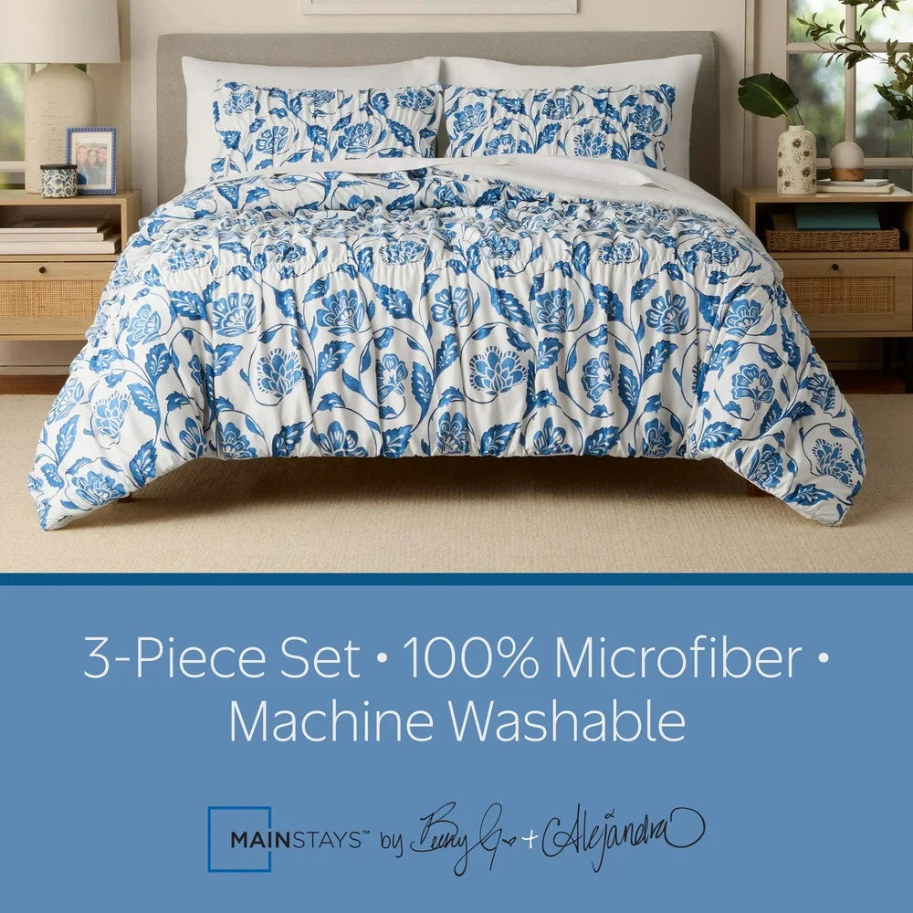 White Floral Microfiber Comforter Set With Shams Full Queen