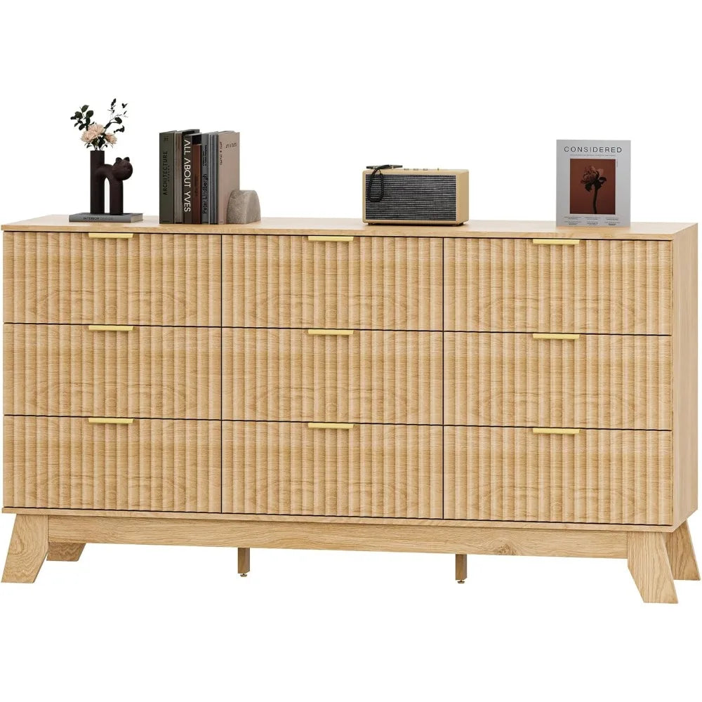 Fluted Dresser for Bedroom with 9 Drawers, 57" Nature Wood Dressers Chest of Drawers, Mid Century Modern Dresser TV Stand, Boho
