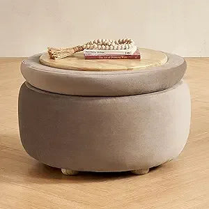 Luna Round Ottoman with Storage and Tray, Round Coffee Table with Storage, Upholstered Foot Stools Ottoman for Living Room, Bed