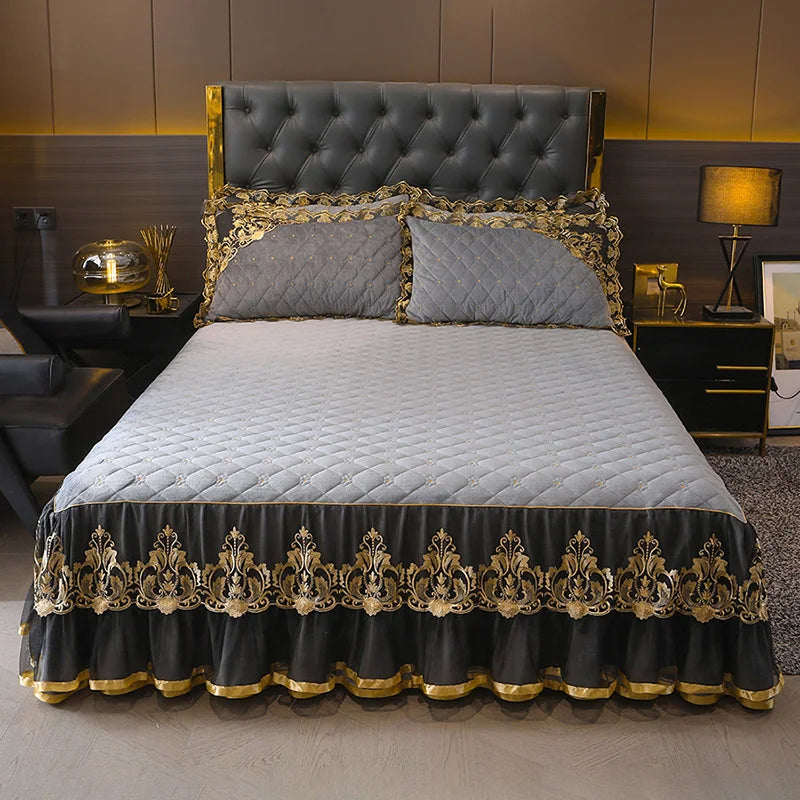 AIWINSURE-European Lace Velvet Bedspread Set, King Size, Queen Thickened Bed Cover, Soft Bed Skirt, Luxury, with 2 Pillowcases