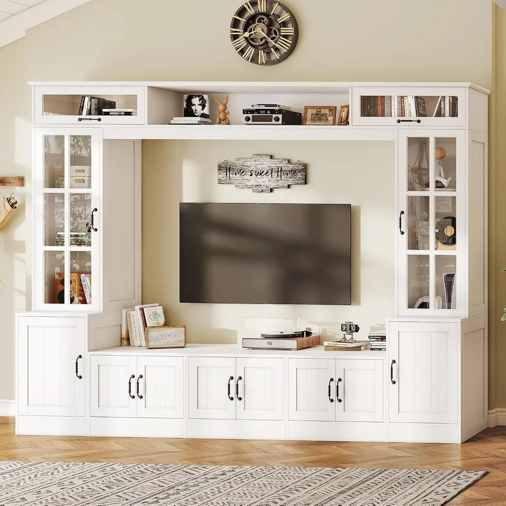 98" W Wall Unit TV Stand with Storage for TVs up to 80", Modern TV Console with LED Lights, Entertainment Center with Bookshelves.