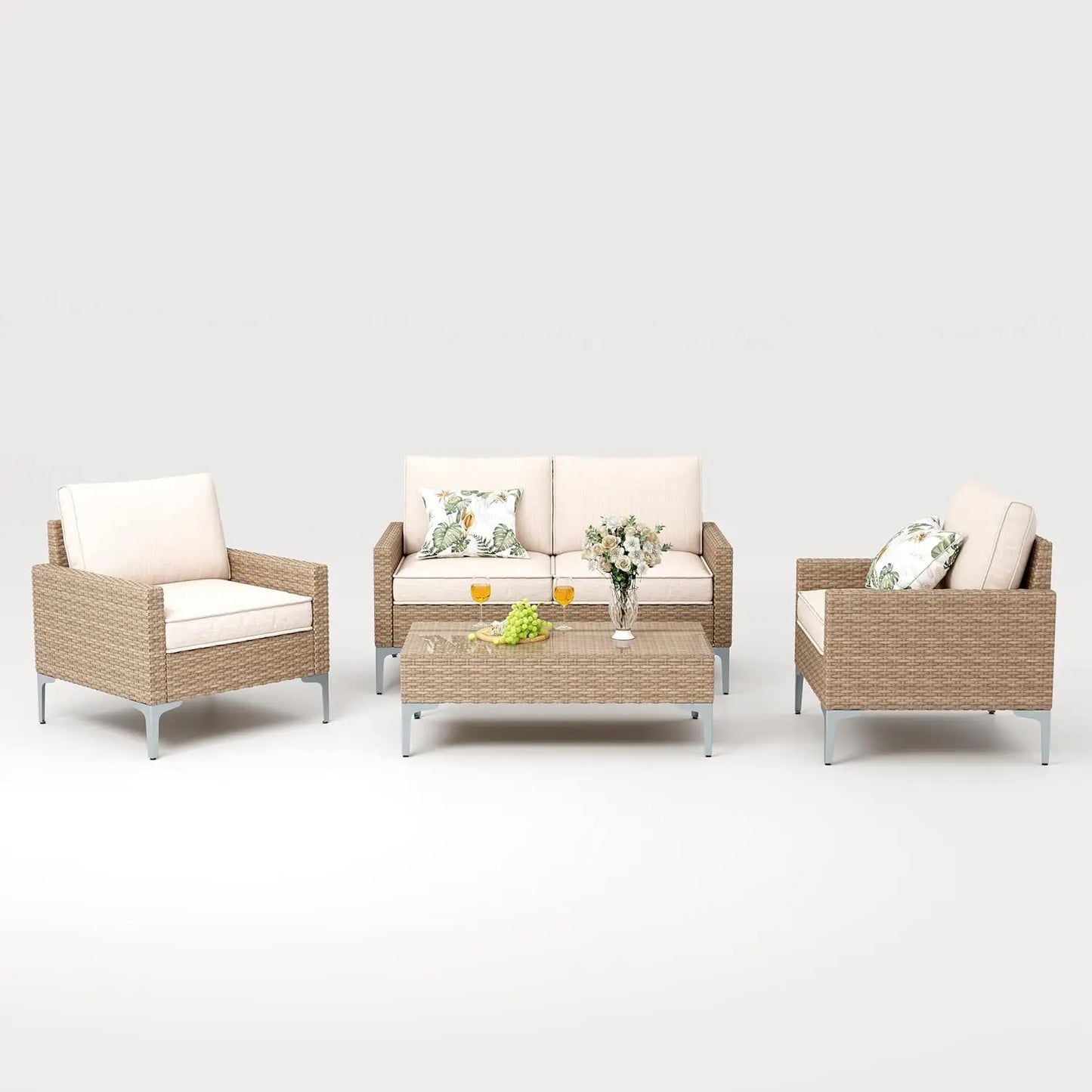 Modern 4 Piece Outdoor Wicker Patio Conversation Set with Loveseat & Coffee Table