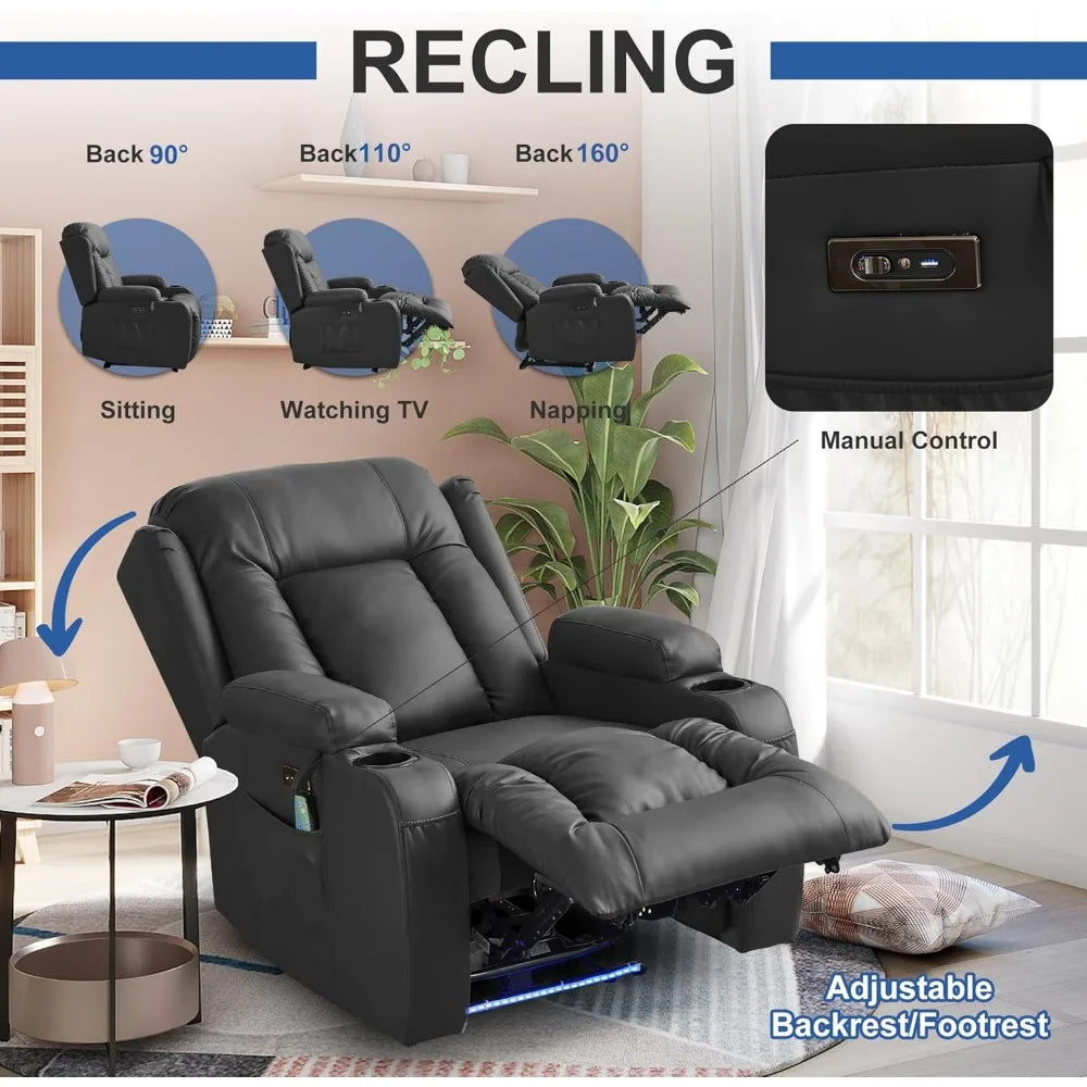 Power Recliner Chair for Adults, Electric Recliner Sofa with Vibrating Massage and Heat, Faux Leather