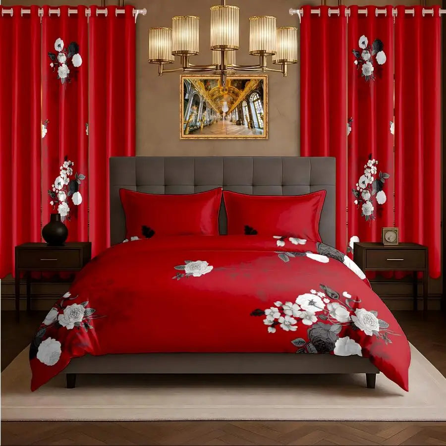 Bamboo Microfiber 9 piece Bedding And Curtain Set, Including 1 Bedspread, 2 Pillows, 4 Solid Curtains, And 2 Printed Curtains.