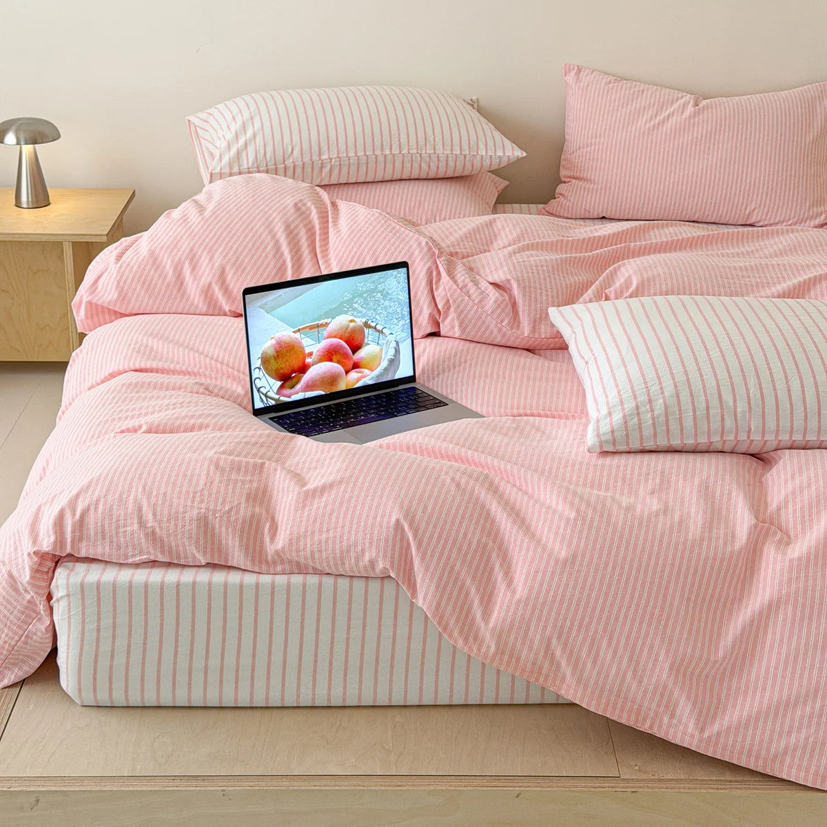 Japanese Blue Striped 100% Cotton Duvet Cover Set. Queen Size