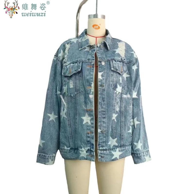 Women Denim Jacket Star Pattern Ripped Long Sleeve Jacket