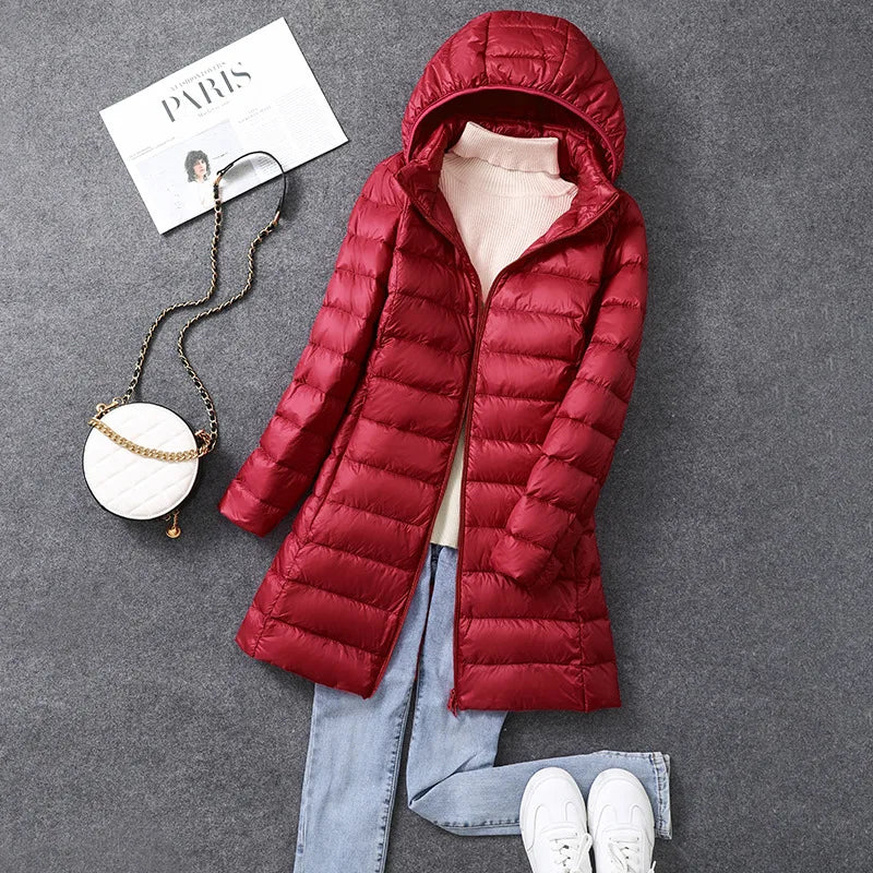Women's Long Hooded Puffer Jacket – Lightweight Quilted Winter Coat with Detachable Hood