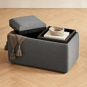 Luna Round Ottoman with Storage and Tray, Round Coffee Table with Storage, Upholstered Foot Stools Ottoman for Living Room, Bed
