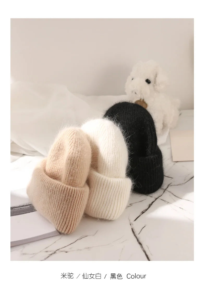 Warm Cashmere Wool Skullies Beanie For Women Rabbit Fur