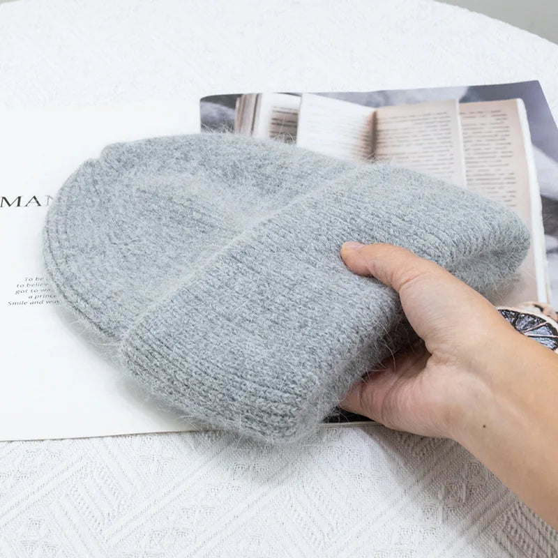 Warm Cashmere Wool Beanie For Women Rabbit Fur Threefold Cap