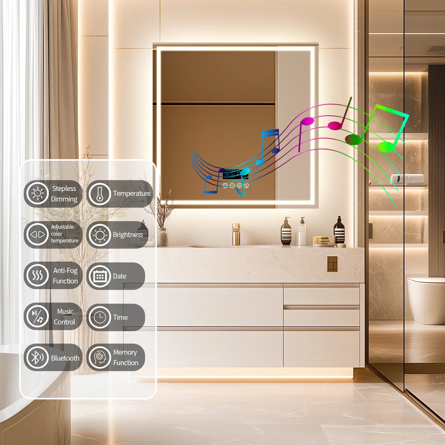 LED Bathroom Mirror 800mm Square Wall Bluetooth Clock
