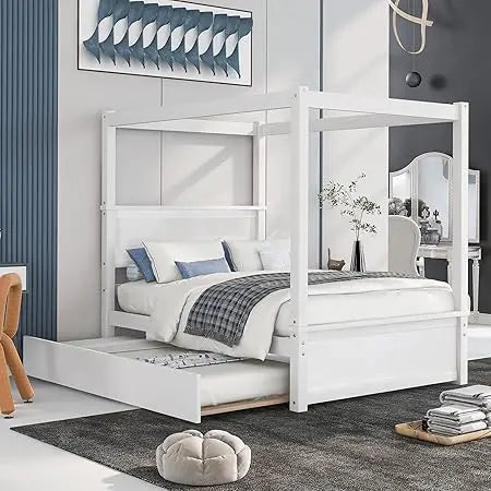 Full Size Canopy Bed with Trundle and Headboard, Solid Wood Four Poster Bed Frame with Support Slats, Wood Canopy Platform Bed f