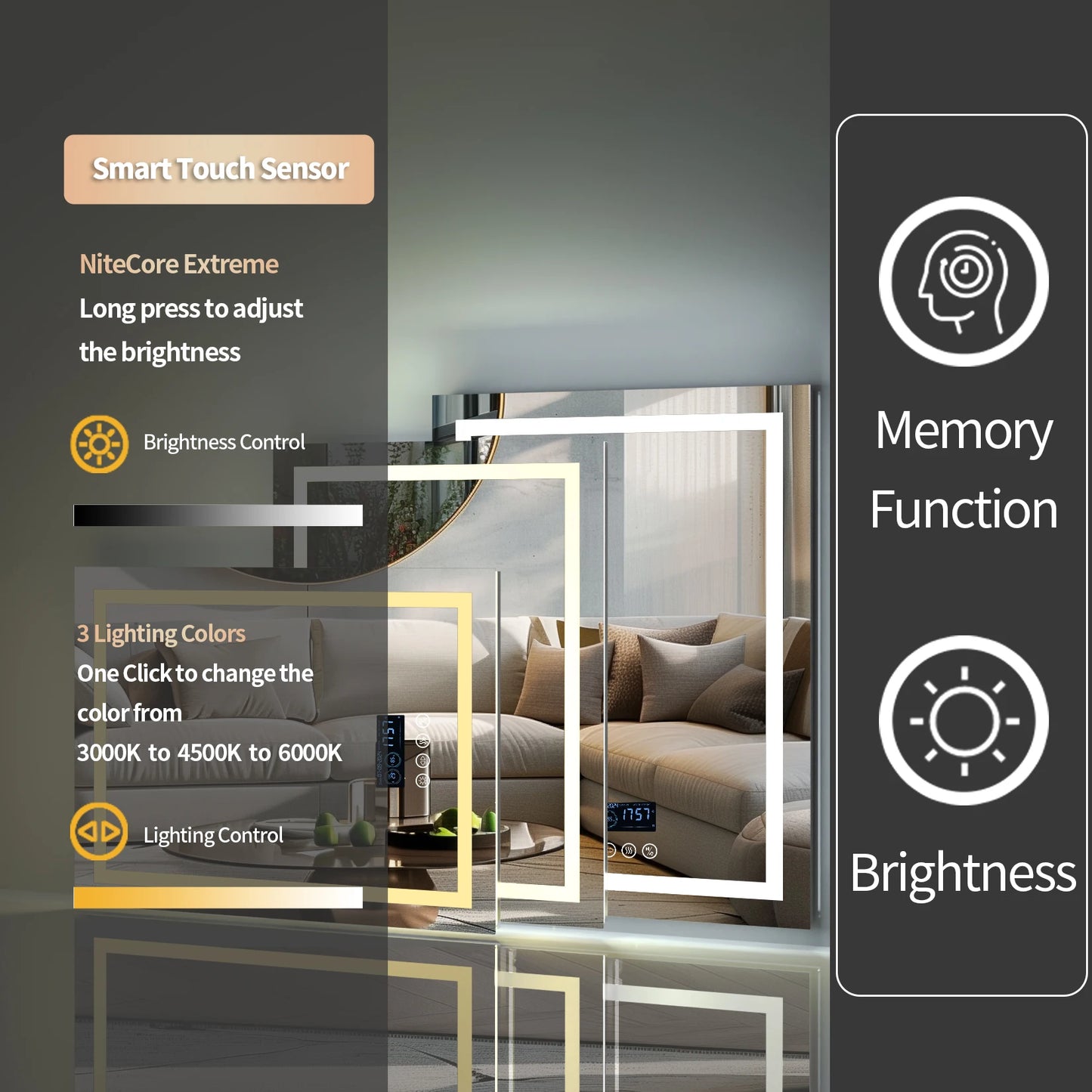 Square LED Lighted Bathroom Mirror with Bluetooth Speaker Smart Wall Vanity Mirror Front-lit and Backlight Touch Antifog