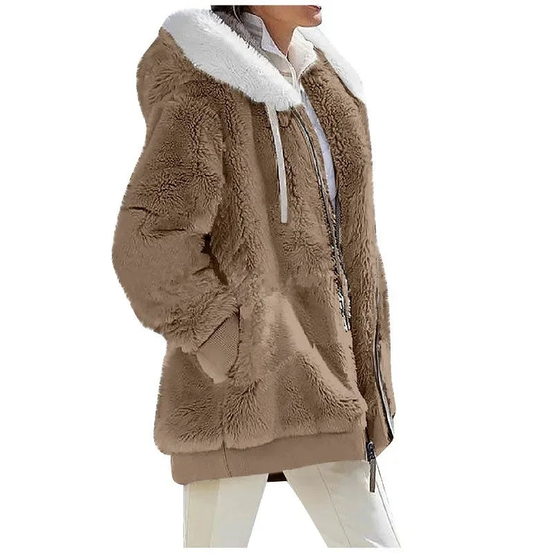 Women's Casual Hooded Winter Coat – Long Sleeve Fleece-Lined Zip-Up Jacket