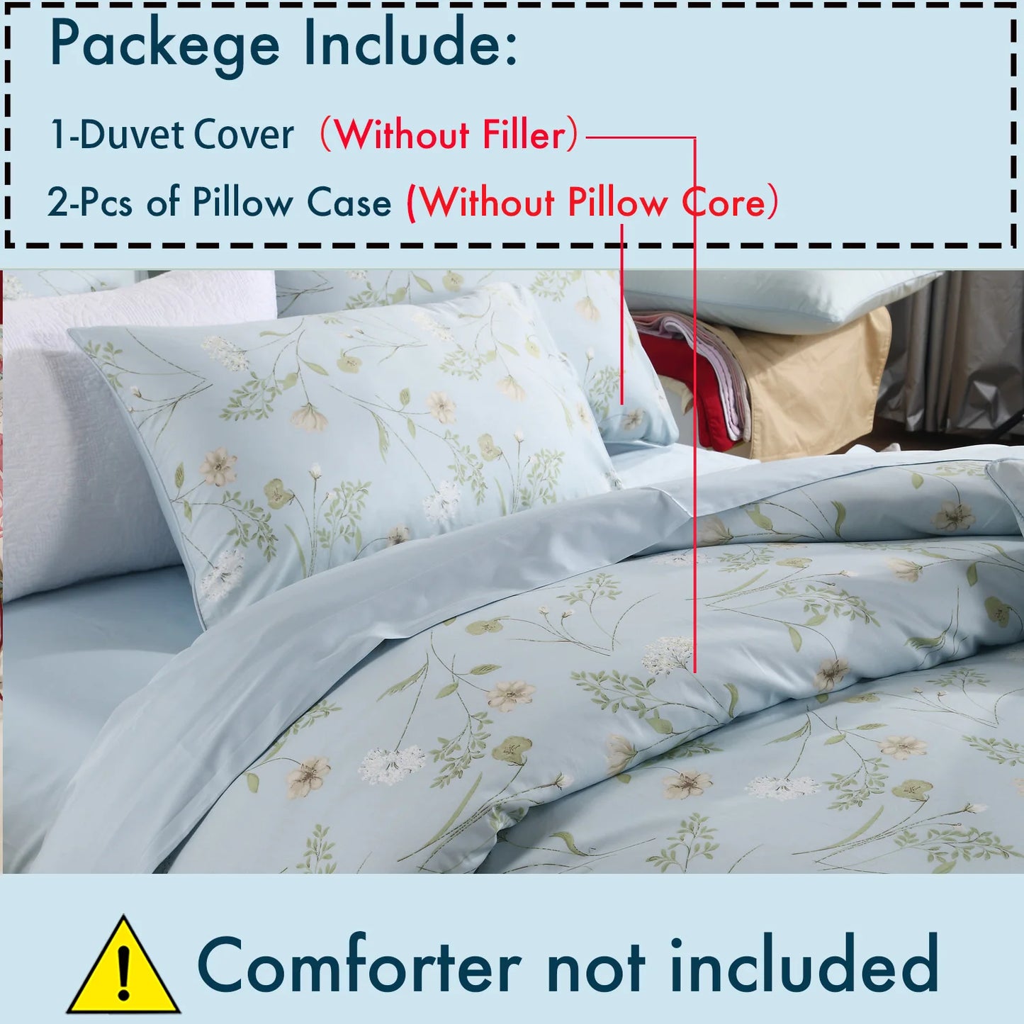 3pcs 600TC 100% Egyptian Cotton Duvet Cover Set, Light Blue Shabby Chic Floral, Soft Skin-Friendly (No Inserts)