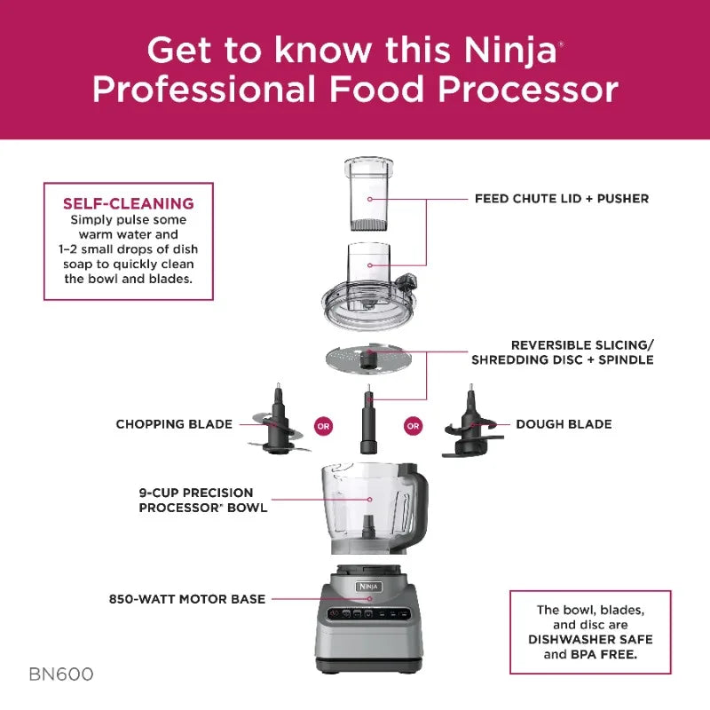 Ninja Professional Food Processor, 850 Watts, 9-Cup Capacity, Auto-iQ Preset Programs, Silver