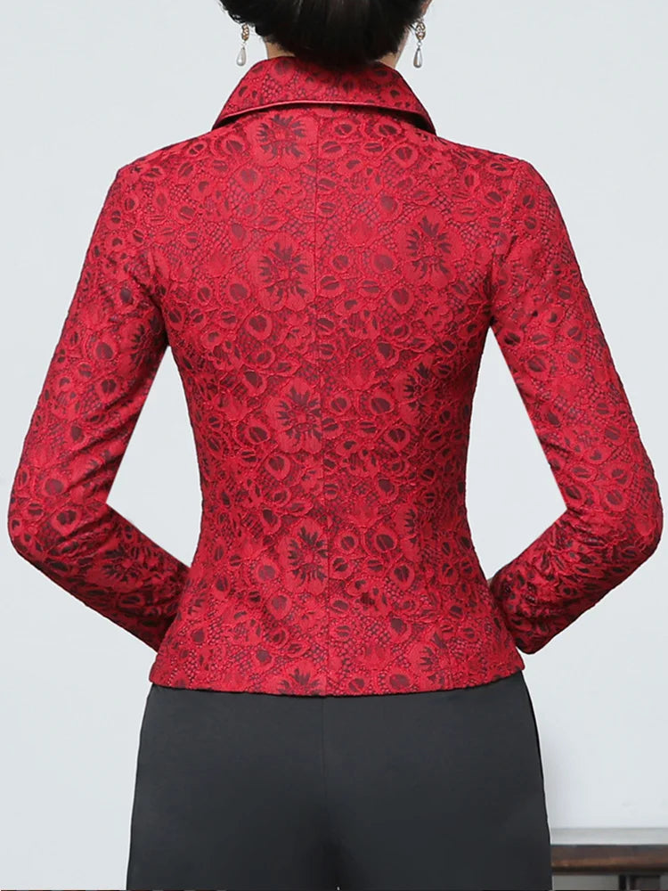 Autumn Winter Velvet Lace Floral Cheongsam Top Jacket Women