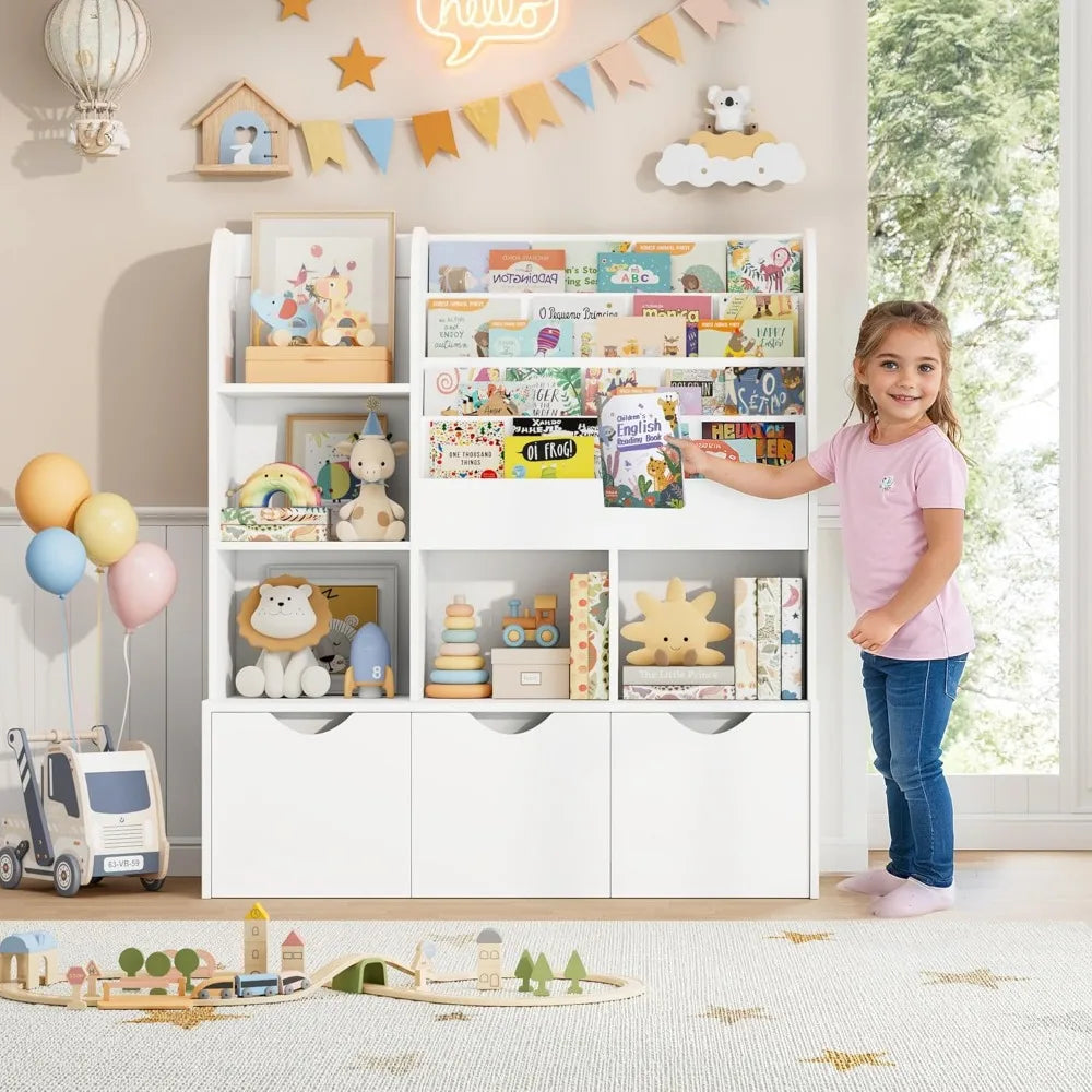 47'' Kids Bookcase and Bookshelf, Multifunctional Bookcase with 5 Storage Cubbies and 3 Movable Drawers, Toy Storager Display S