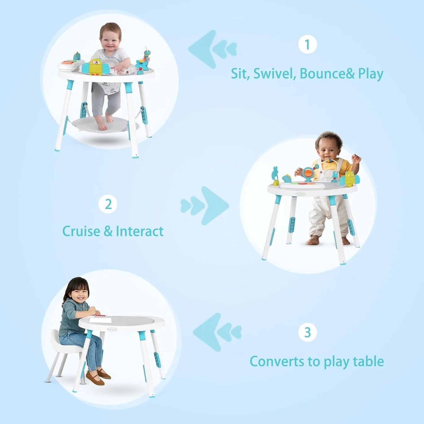Baby activity center, 3-in-1 with detachable toys and 360 degree rotating seat, ideal for toddler development and entertainment