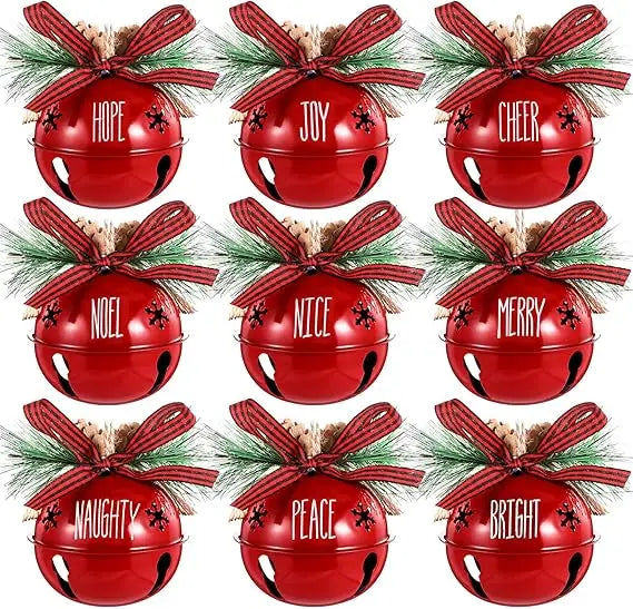 Aoriher 9 Pcs Christmas Bells Ornament 3.1" Rustic Christmas Jingle Bell Sleigh Letter Bells with Pine Cones Plaid Bow for Decor