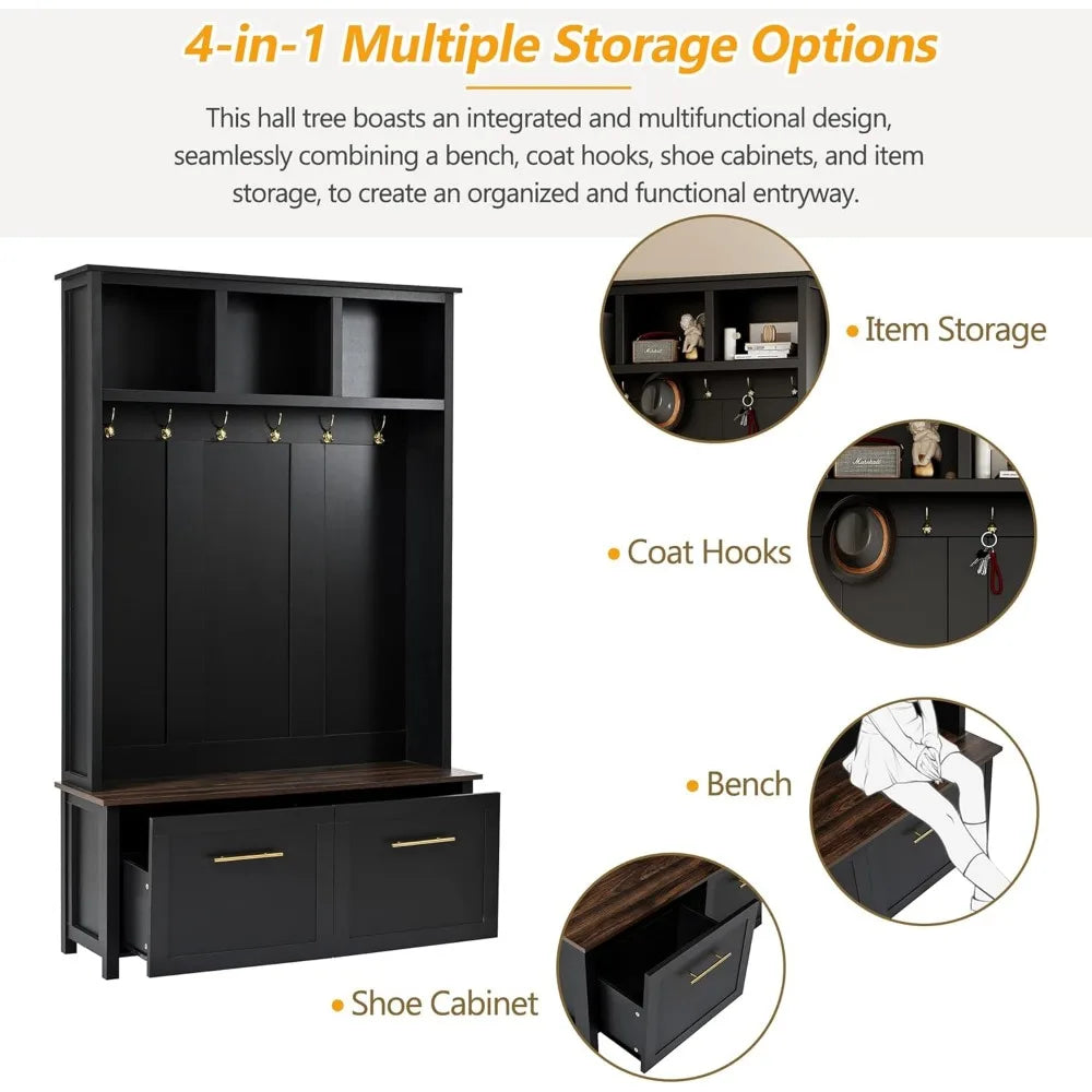 Hall Tree with Brown Wood Grain Storage Bench for Entryway, Mudroom Coat Rack with 6 Golden Hooks, 4-in-1 Hallway Coat Racks wit