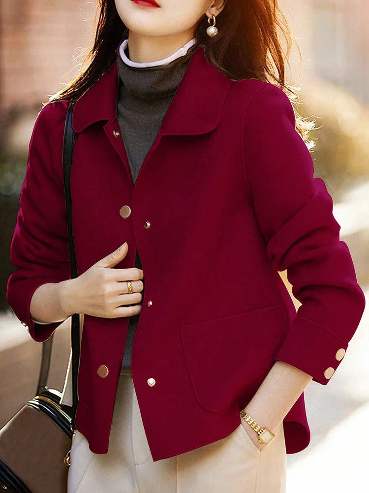 Women's Short Woolen Coat. Classic Button-Front Autumn & Winter Jacket