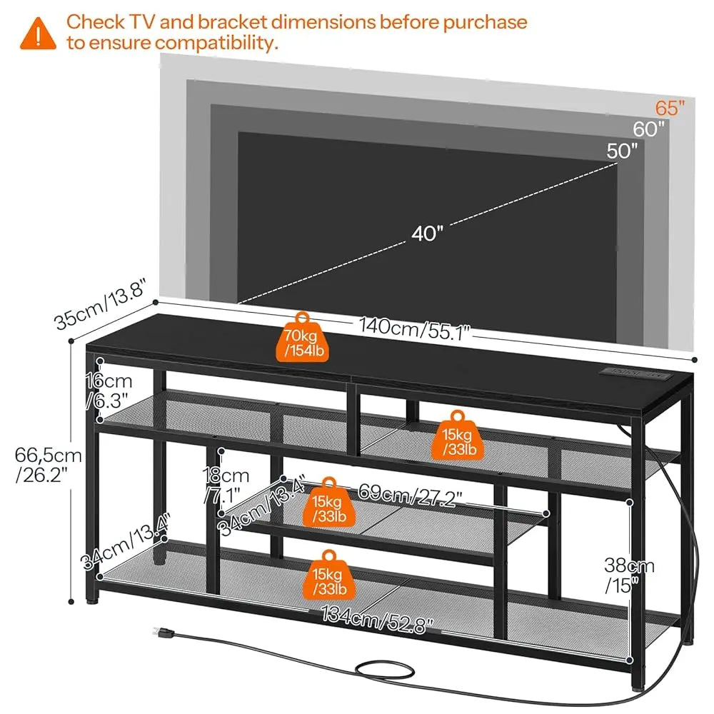 Led Tv Stand With Charging Station, 4-Tier Entertainment Gaming Center, Modern Media Console Table, Open Shelves, 55.1""L X