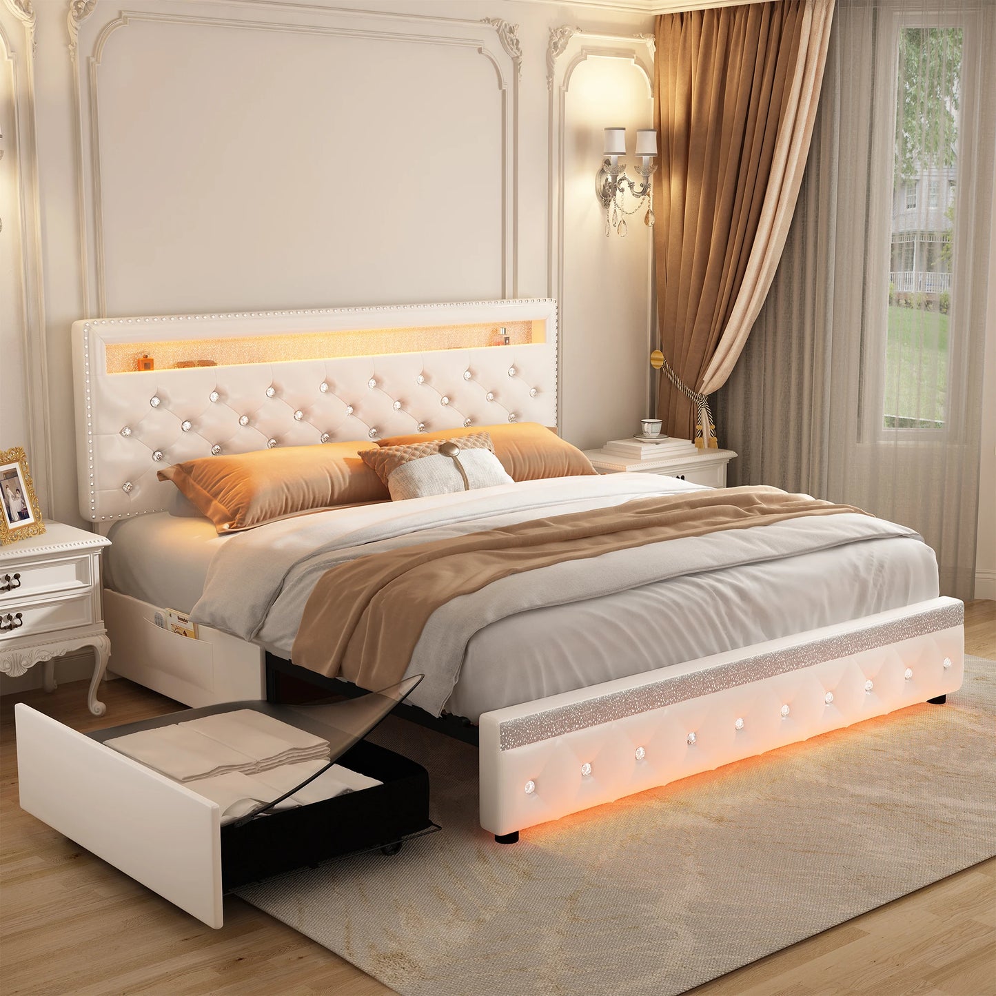 LED Bed Frame with Galaxy Star Projector, 2 Drawers, 52" PU Headboard with Charging Station, Noise Free, No Box Spring