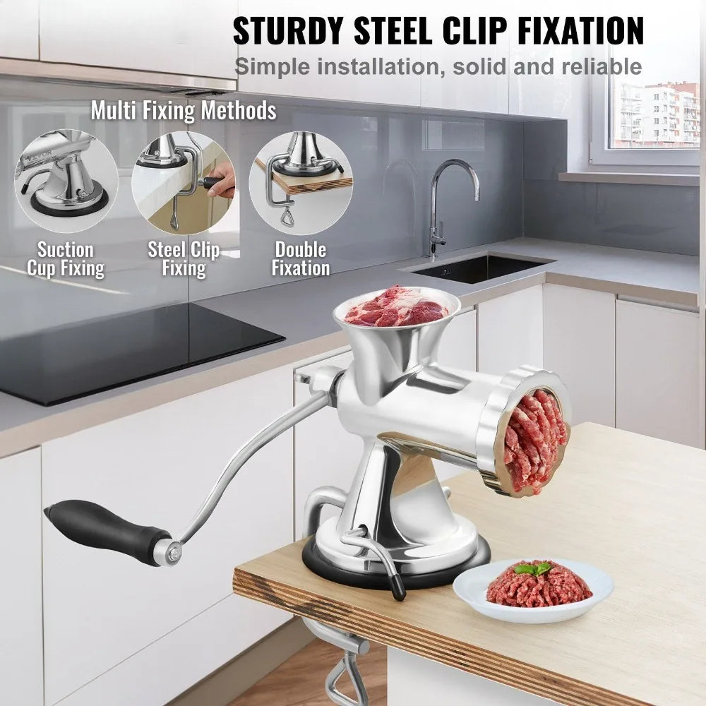 Manual Meat Grinder, 304 Stainless Steel Hand Meat Grinder with Suction Cup + Steel Table Clamp, Meat Mincer Sausage Maker