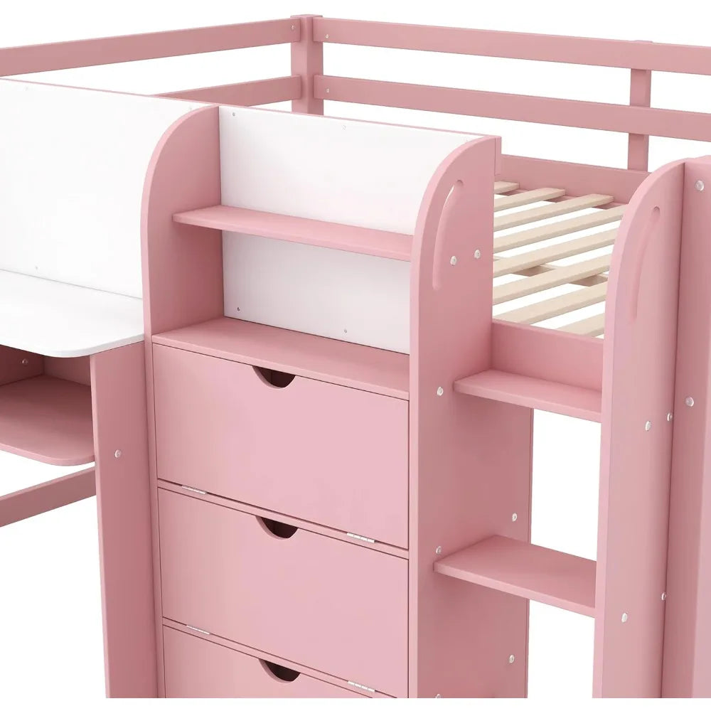 Full Size Low Loft Bed,Kids Loft Bed with Storage Cabinets and Open Bookcase,No Box Spring Need, Solid Wood Low Loft Bed Frame .
