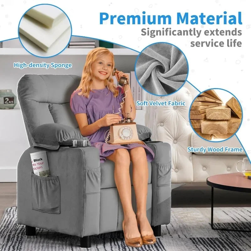 Toddlers Kids Recliner Chair Ergonomic Adjustable Chair Footrest & Side Pockets Baby Sofa for Boys and Girls Bedroom (Gray)