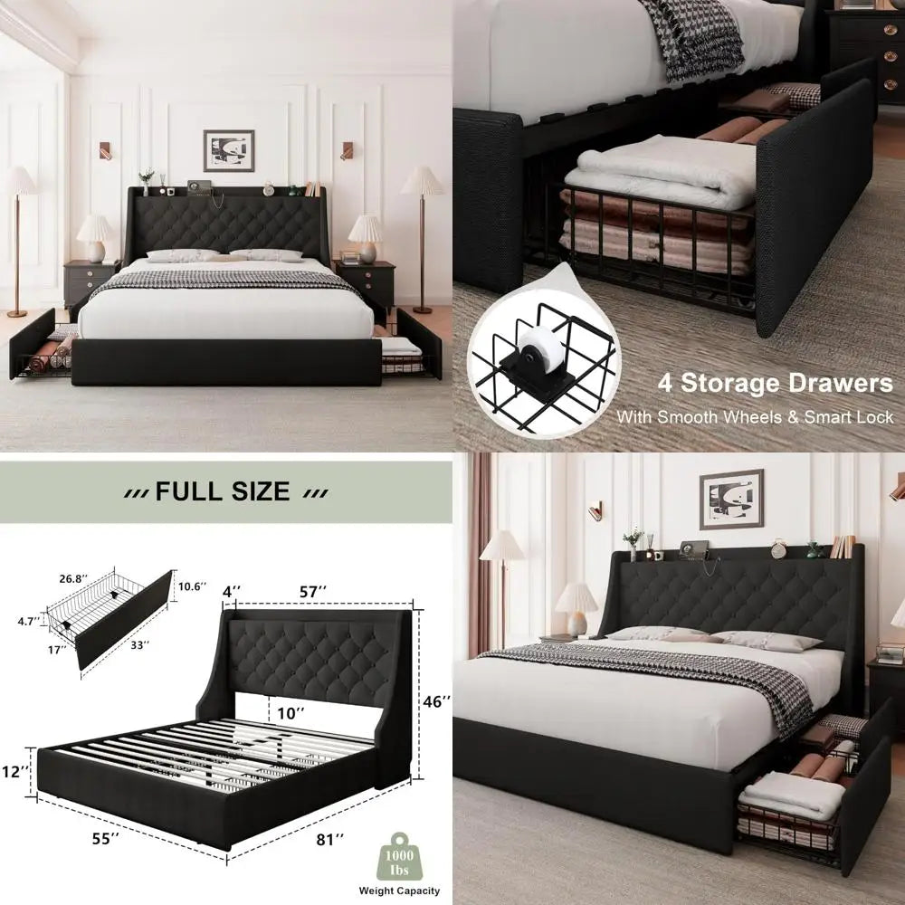 "black full-size bed with wingback headboard and storage drawers"