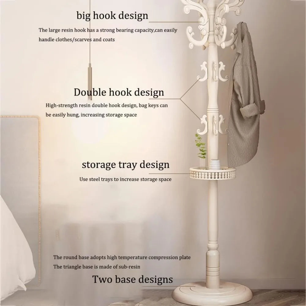 Coat Racks freestanding, Wooden Coat Rack Stand, Hall Tree Coat Rack Coat Hanger Stand with 14 Hooks, Storage Tray,Stable Base