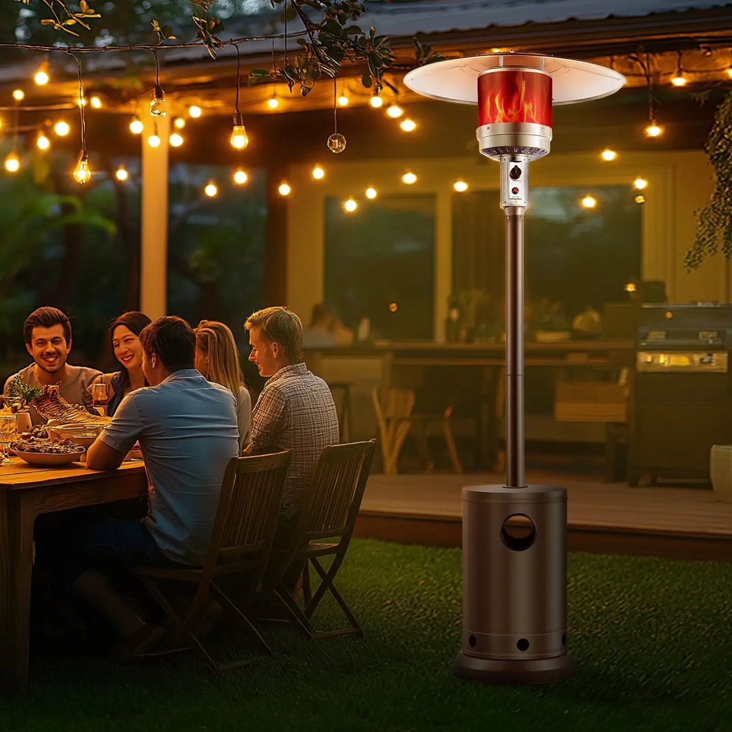 Propane Patio Heater 50000BTU Tall Hammered w/Round Table Outdoor Bronze
