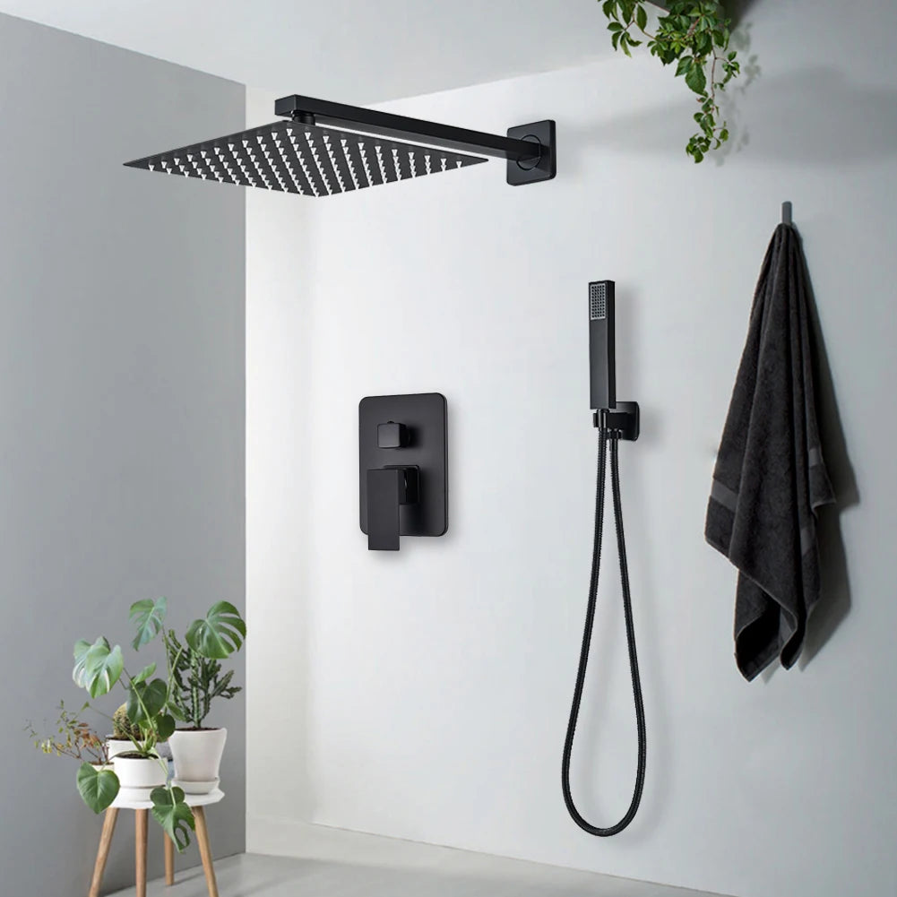 Black Wall Mounted Rainfall Shower Kit Concealed Box SUS304