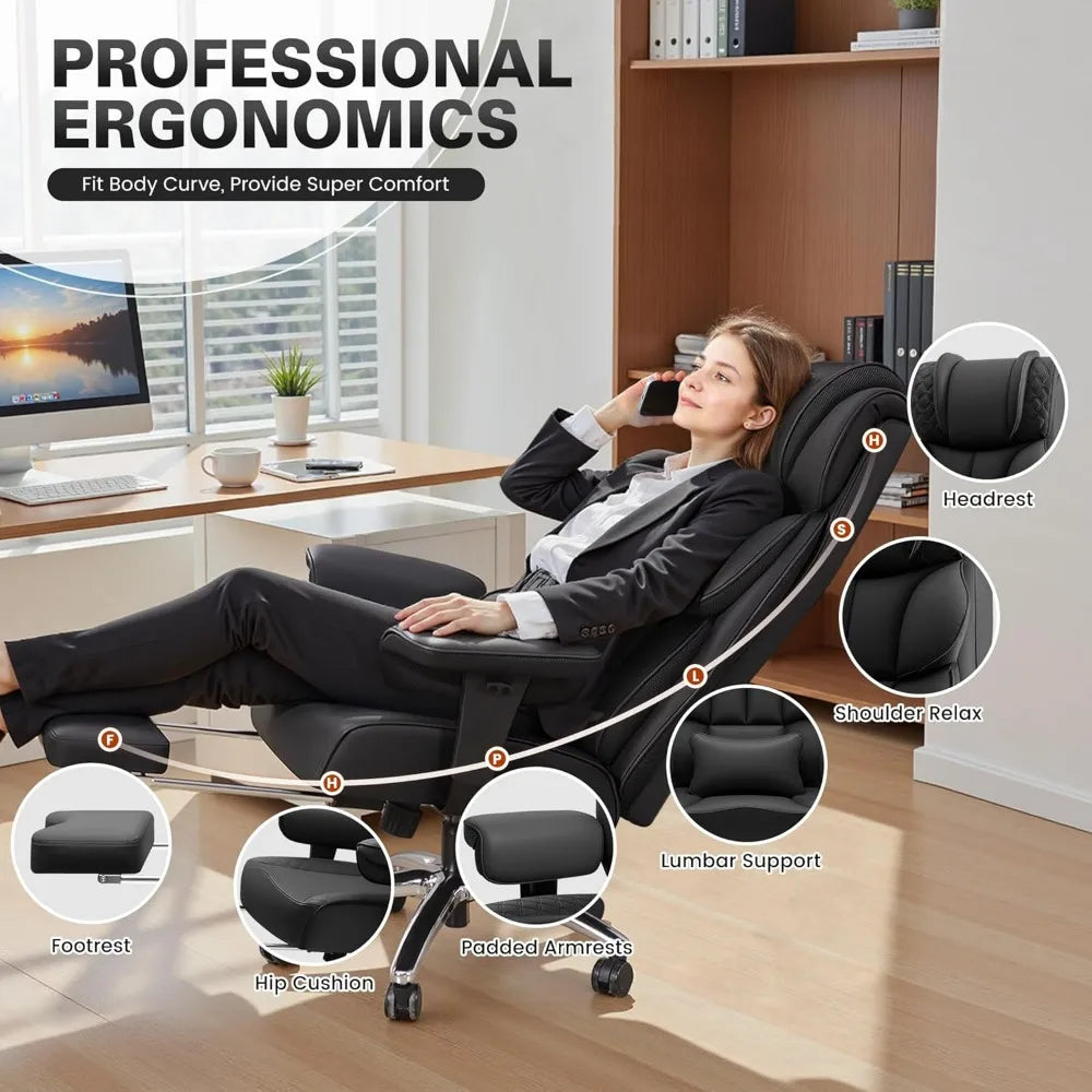 Office Desk Chair, Big and Tall Leather Gaming Chair with Footrest, Wide Ergonomic Comfy Executive High-Back Reclining Computer