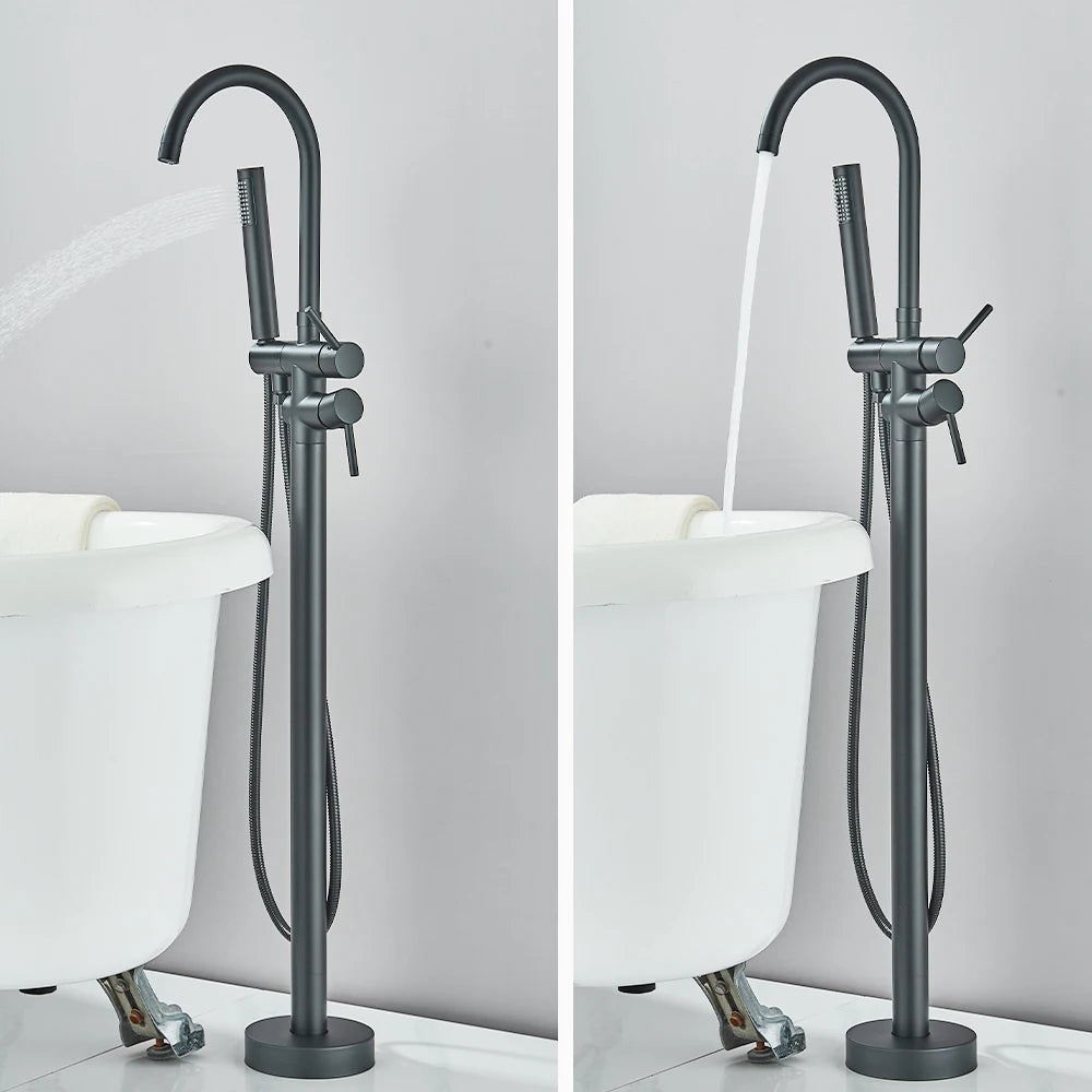 Black Floor Mounted Bathtub Faucet Hand Shower Hot Cold
