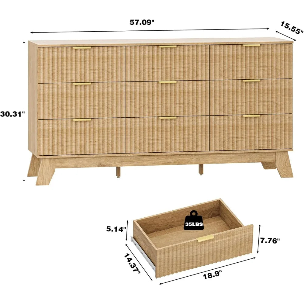 Fluted Dresser for Bedroom with 9 Drawers, 57" Nature Wood Dressers Chest of Drawers, Mid Century Modern Dresser TV Stand, Boho