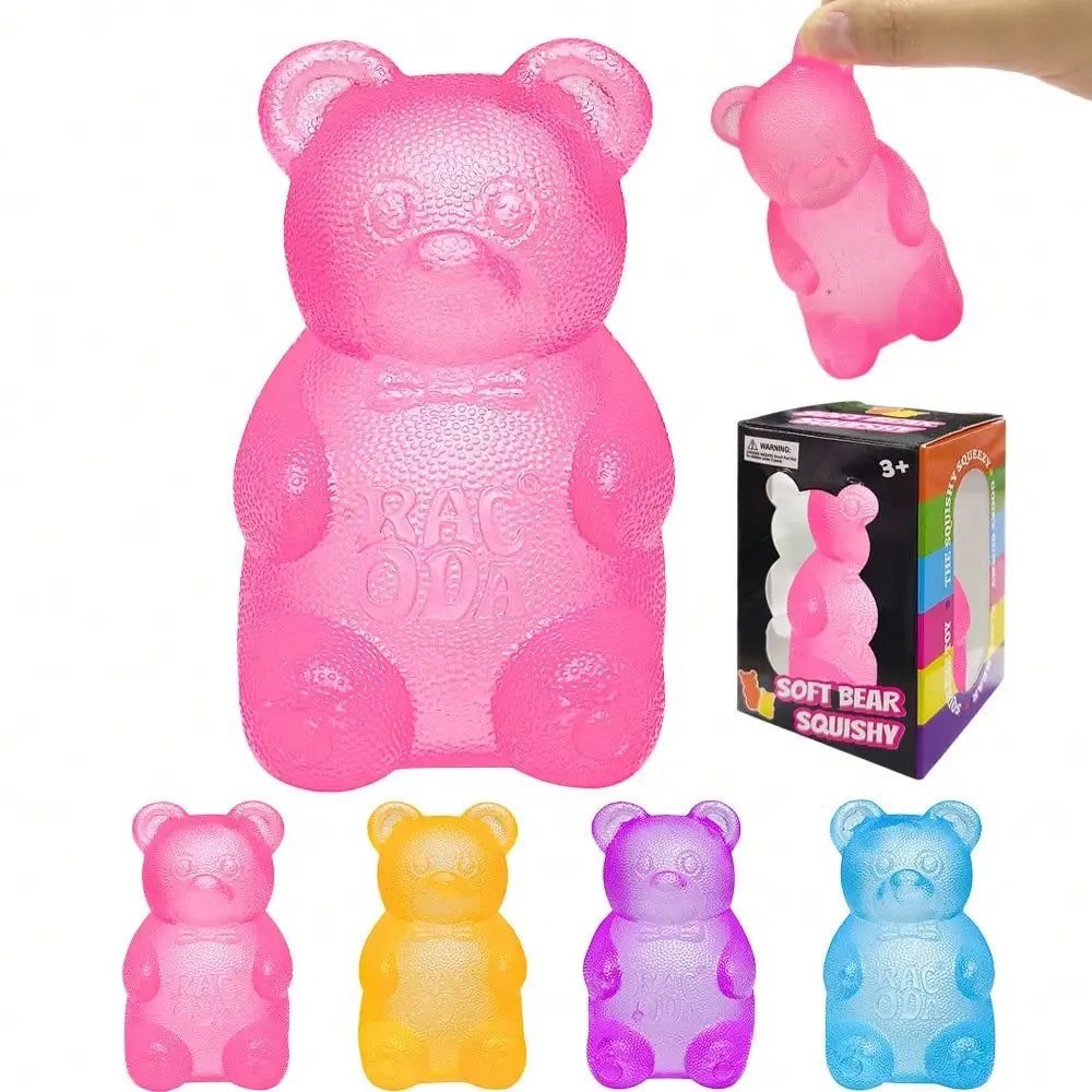 4-Piece Giant Gummy Bear Squishy Toy Set. Soft Stretchy Sensory Fidget Toys for Kids & Adults
